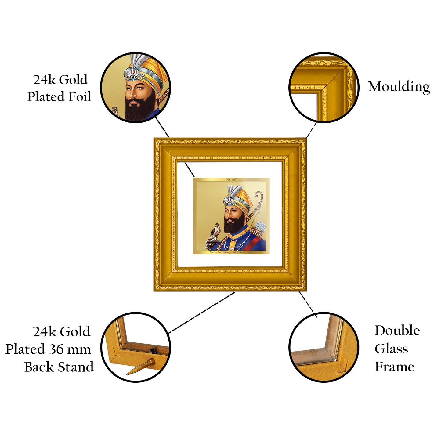 DIVINITI GURU GOBIND SINGH Gold Plated Wall Photo Frame| DG Frame 101 Size 1A Wall Photo Frame and 24K Gold Plated Foil| Religious Photo Frame Idol For Prayer, Gifts Items (10CMX10CM)