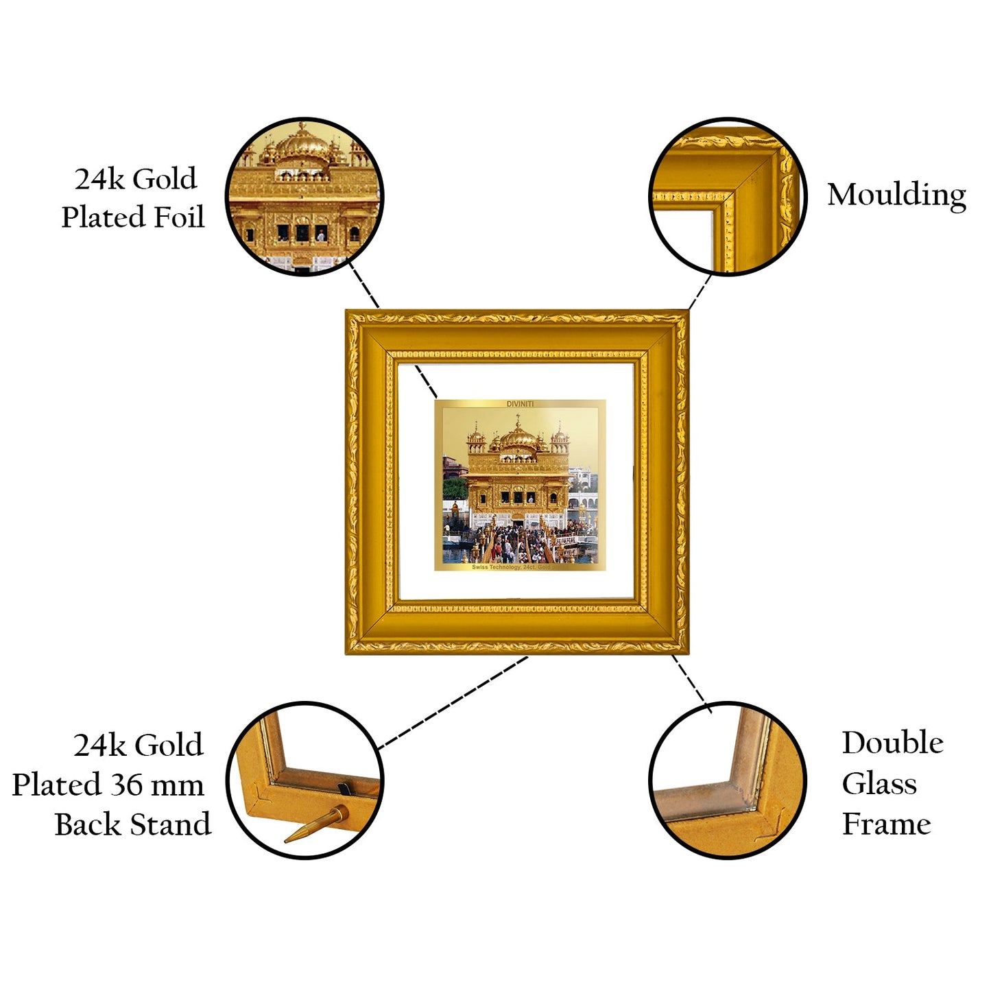 DIVINITI GOLDEN TEMPLE Gold Plated Wall Photo Frame| DG Frame 101 Size 1A Wall Photo Frame and 24K Gold Plated Foil| Religious Photo Frame Idol For Prayer, Gifts Items (10CMX10CM)