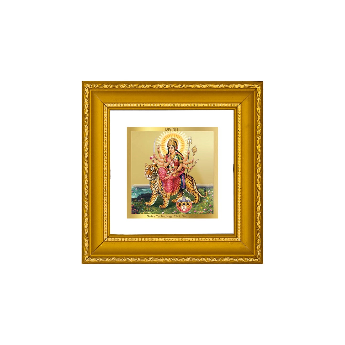 DIVINITI MAA DURGA JI Gold Plated Wall Photo Frame| DG Frame 101 Size 1A Wall Photo Frame and 24K Gold Plated Foil| Religious Photo Frame Idol For Prayer, Gifts Items (10CMX10CM)