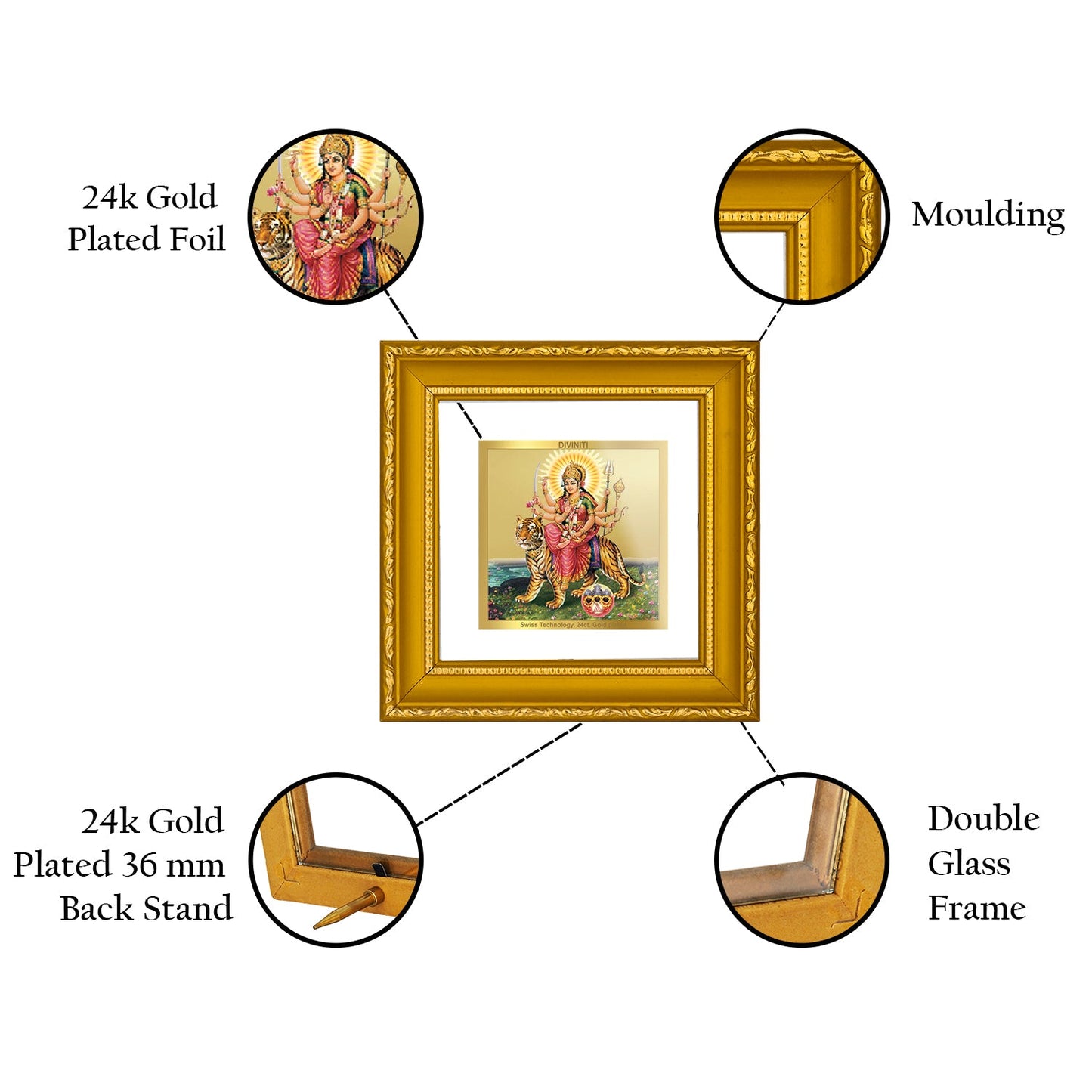 DIVINITI MAA DURGA JI Gold Plated Wall Photo Frame| DG Frame 101 Size 1A Wall Photo Frame and 24K Gold Plated Foil| Religious Photo Frame Idol For Prayer, Gifts Items (10CMX10CM)