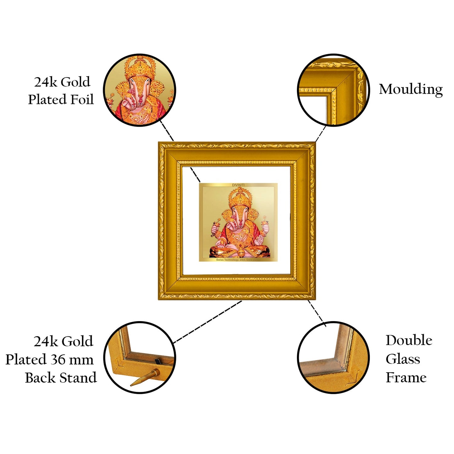 DIVINITI DAGRU GANESHA Gold Plated Wall Photo Frame| DG Frame 101 Size 1A Wall Photo Frame and 24K Gold Plated Foil| Religious Photo Frame Idol For Prayer, Gifts Items (10CMX10CM)