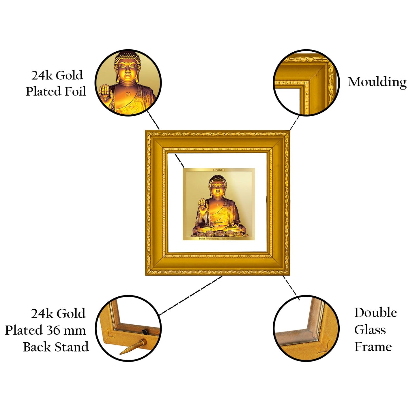 DIVINITI BUDDHA Gold Plated Wall Photo Frame| DG Frame 101 Size 1A Wall Photo Frame and 24K Gold Plated Foil| Religious Photo Frame Idol For Prayer, Gifts Items (10CMX10CM)