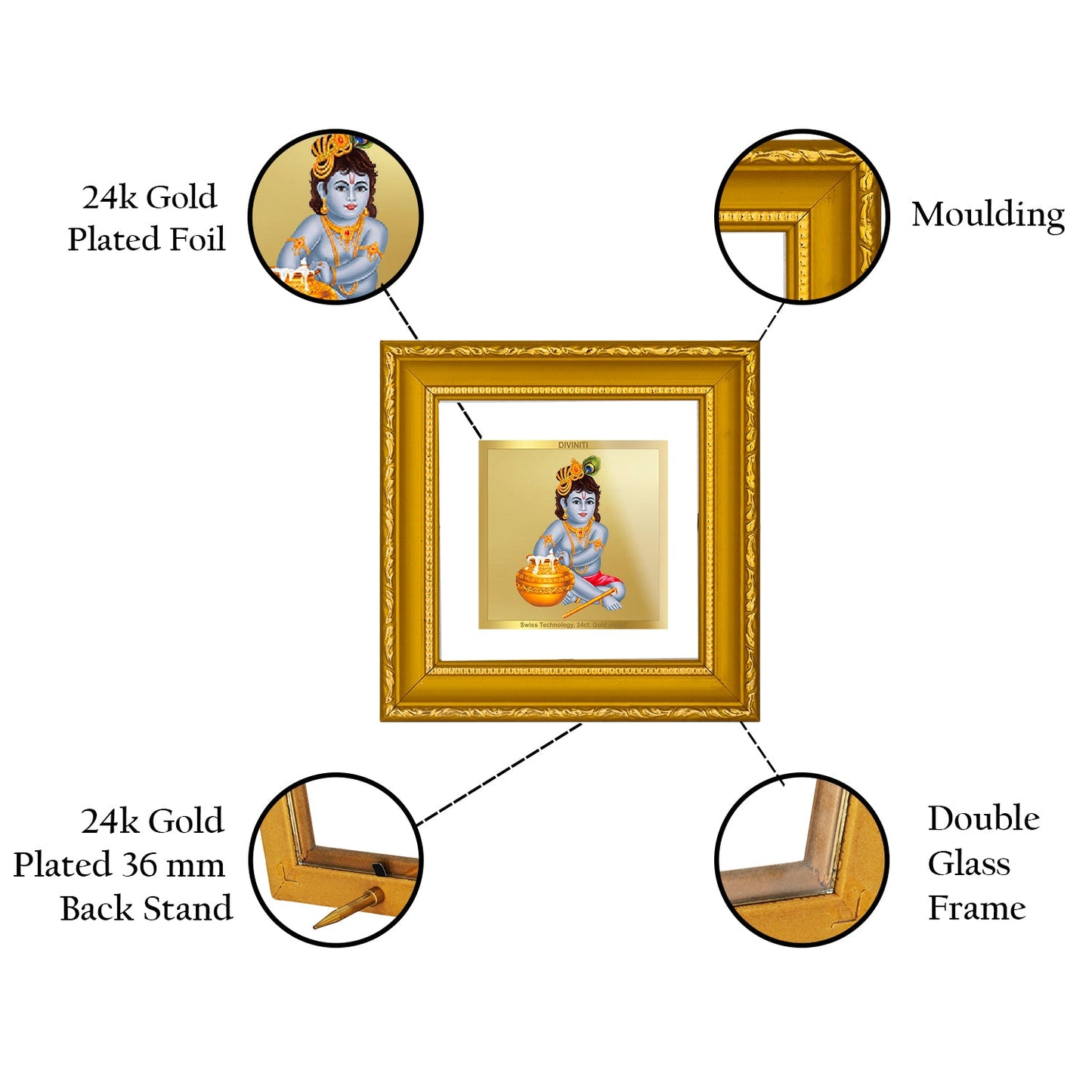 DIVINITI BAL GOPAL Gold Plated Wall Photo Frame| DG Frame 101 Size 1A Wall Photo Frame and 24K Gold Plated Foil| Religious Photo Frame Idol For Prayer, Gifts Items (10CMX10CM)