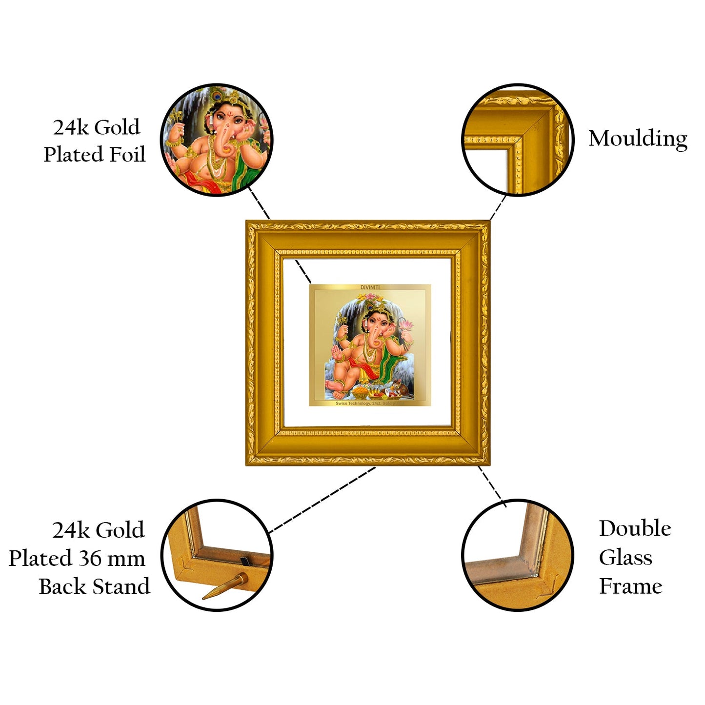 DIVINITI Bal Ganesha Gold Plated Wall Photo Frame| DG Frame 101 Size 1A Wall Photo Frame and 24K Gold Plated Foil| Religious Photo Frame Idol For Prayer, Gifts Items (10CMX10CM)