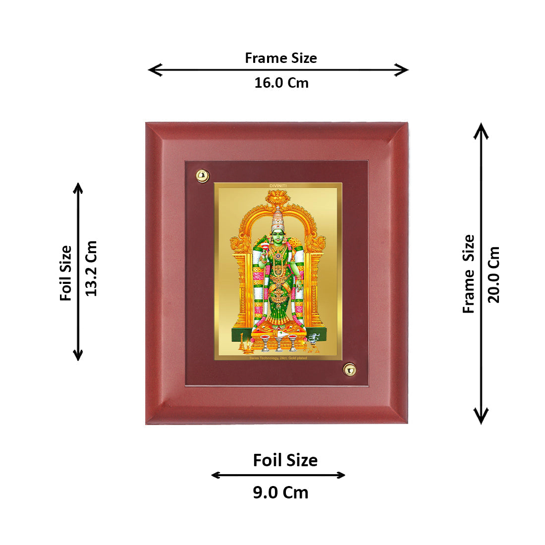 DIVINITI Meenakshi Gold Plated Wall Photo Frame, Table Decor| MDF 2 Wooden Wall Photo Frame and 24K Gold Plated Foil| Religious Photo Frame Idol For Pooja, Gifts Items (20.0CMX16.0CM)