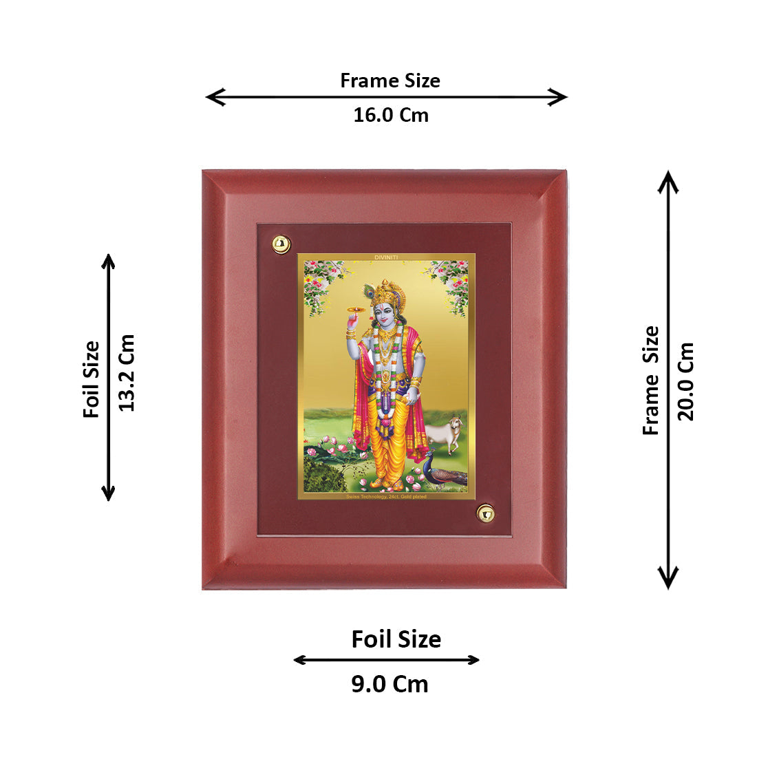 DIVINITI Krishna Gold Plated Wall Photo Frame, Table Decor| MDF 2 Wooden Wall Photo Frame and 24K Gold Plated Foil| Religious Photo Frame Idol For Pooja, Gifts Items (20.0CMX16.0CM)