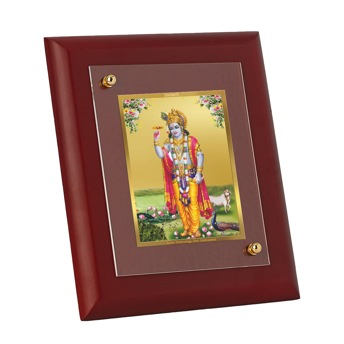 DIVINITI Krishna Gold Plated Wall Photo Frame, Table Decor| MDF 2 Wooden Wall Photo Frame and 24K Gold Plated Foil| Religious Photo Frame Idol For Pooja, Gifts Items (20.0CMX16.0CM)