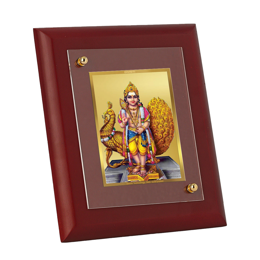 DIVINITI Karthikey Gold Plated Wall Photo Frame, Table Decor| MDF 2 Wooden Wall Photo Frame and 24K Gold Plated Foil| Religious Photo Frame Idol For Pooja, Gifts Items (20.0CMX16.0CM)