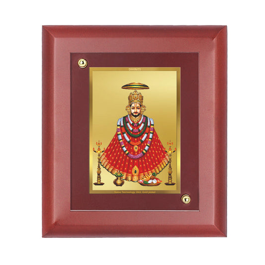 DIVINITI Khatu Shyam with Garlands Gold Plated Wall Photo Frame, Table Decor| MDF 2 Wooden Wall Photo Frame and 24K Gold Plated Foil| Religious Photo Frame For Pooja, Gifts Items (20.0CMX16.0CM)