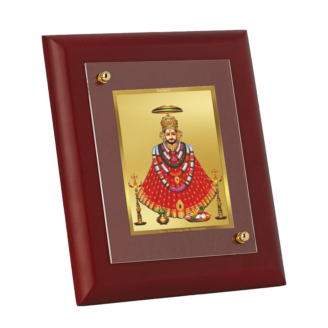 DIVINITI Khatu Shyam with Garlands Gold Plated Wall Photo Frame, Table Decor| MDF 2 Wooden Wall Photo Frame and 24K Gold Plated Foil| Religious Photo Frame For Pooja, Gifts Items (20.0CMX16.0CM)