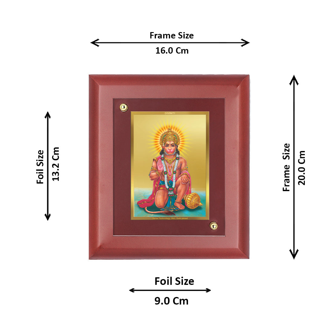 DIVINITI God Hanuman Gold Plated Wall Photo Frame, Table Decor| MDF 2 Wooden Wall Photo Frame and 24K Gold Plated Foil| Religious Photo Frame Idol For Pooja, Gifts Items (20.0CMX16.0CM)