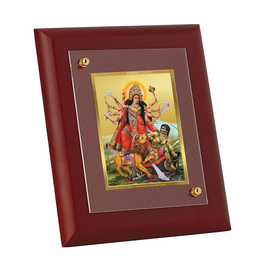 DIVINITI Durga Gold Plated Wall Photo Frame, Table Decor| MDF 2 Wooden Wall Photo Frame and 24K Gold Plated Foil| Religious Photo Frame Idol For Pooja, Gifts Items (20.0CMX16.0CM)