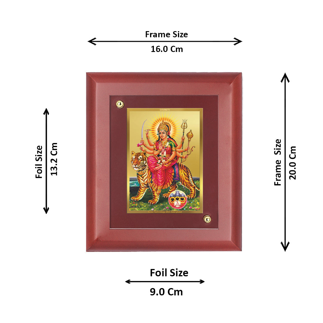 DIVINITI Durga Gold Plated Wall Photo Frame, Table Decor| MDF 2 Wooden Wall Photo Frame and 24K Gold Plated Foil| Religious Photo Frame Idol For Pooja, Gifts Items (20.0CMX16.0CM)