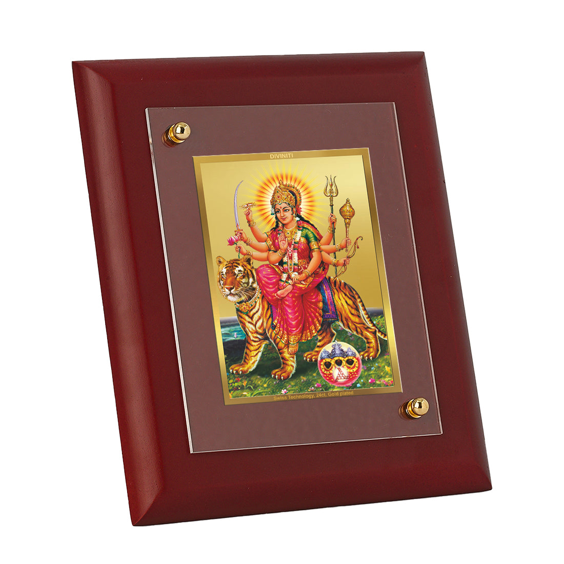 DIVINITI Durga Gold Plated Wall Photo Frame, Table Decor| MDF 2 Wooden Wall Photo Frame and 24K Gold Plated Foil| Religious Photo Frame Idol For Pooja, Gifts Items (20.0CMX16.0CM)