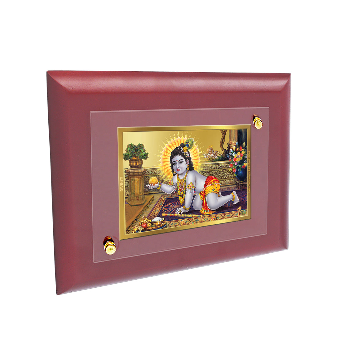 DIVINITI Laddu Gopal Gold Plated Wall Photo Frame, Table Decor| MDF 2 Wooden Wall Photo Frame and 24K Gold Plated Foil| Religious Photo Frame Idol For Pooja, Gifts Items (20.0CMX16.0CM)