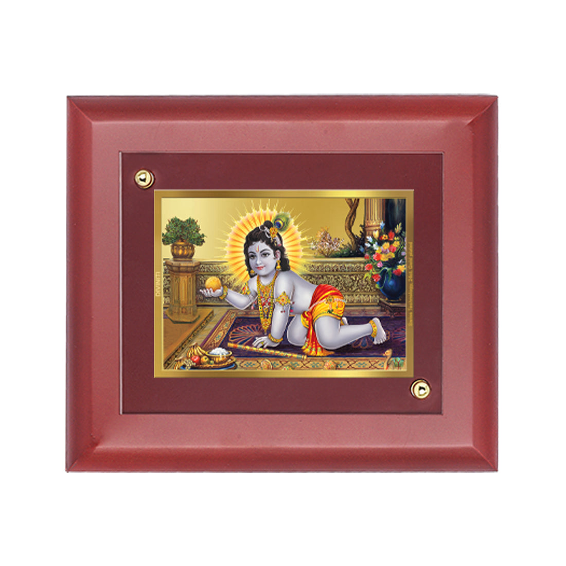 DIVINITI Laddu Gopal Gold Plated Wall Photo Frame, Table Decor| MDF 2 Wooden Wall Photo Frame and 24K Gold Plated Foil| Religious Photo Frame Idol For Pooja, Gifts Items (20.0CMX16.0CM)