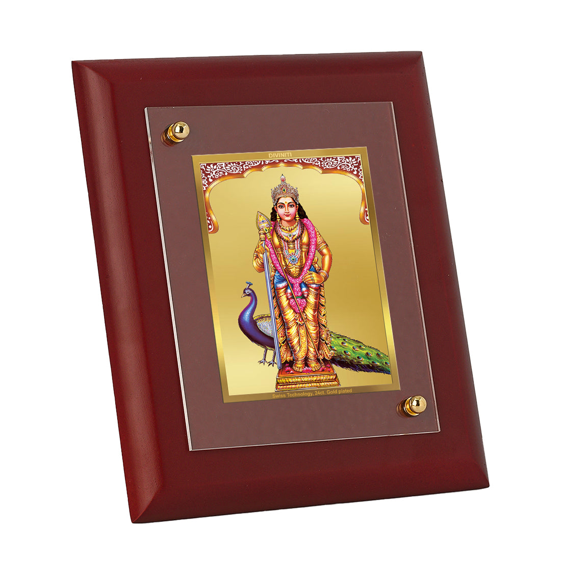 DIVINITI Murugan Gold Plated Wall Photo Frame, Table Decor| MDF 2 Wooden Wall Photo Frame and 24K Gold Plated Foil| Religious Photo Frame Idol For Pooja, Gifts Items (20.0CMX16.0CM)