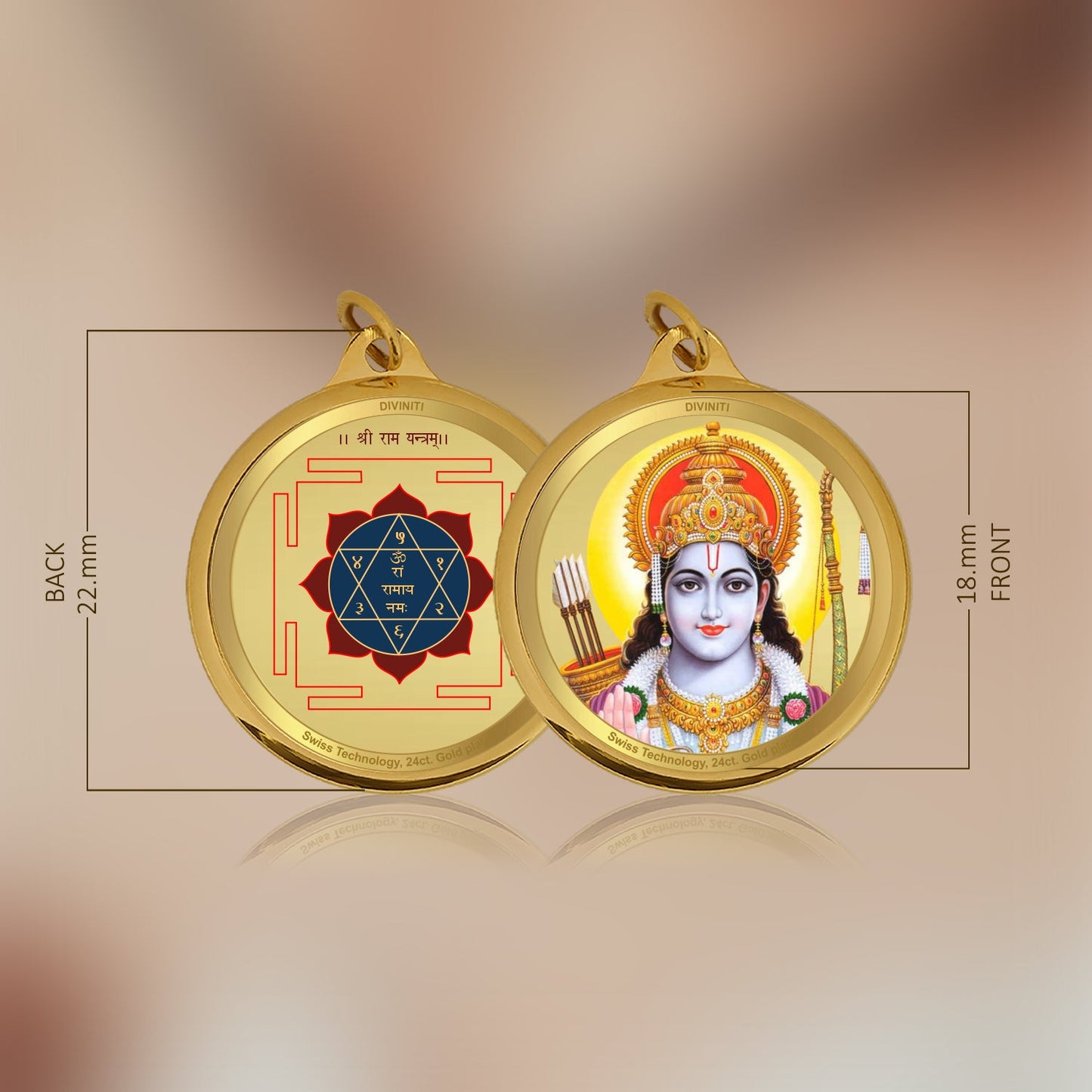 Diviniti 24K Gold Plated Ram Ji & Yantra 18MM Double Sided Pendant For Men, Women & Kids