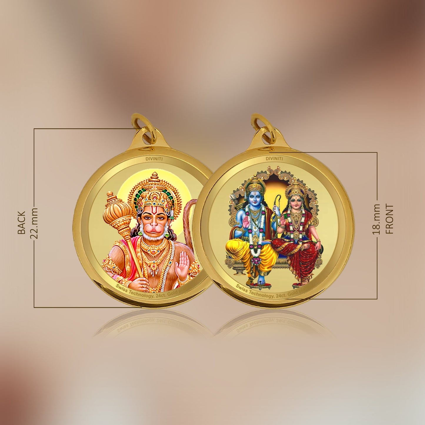 Diviniti 24K Gold Plated Ram Sita & Hanuman Ji 18MM Double Sided Pendant For Men, Women & Kids