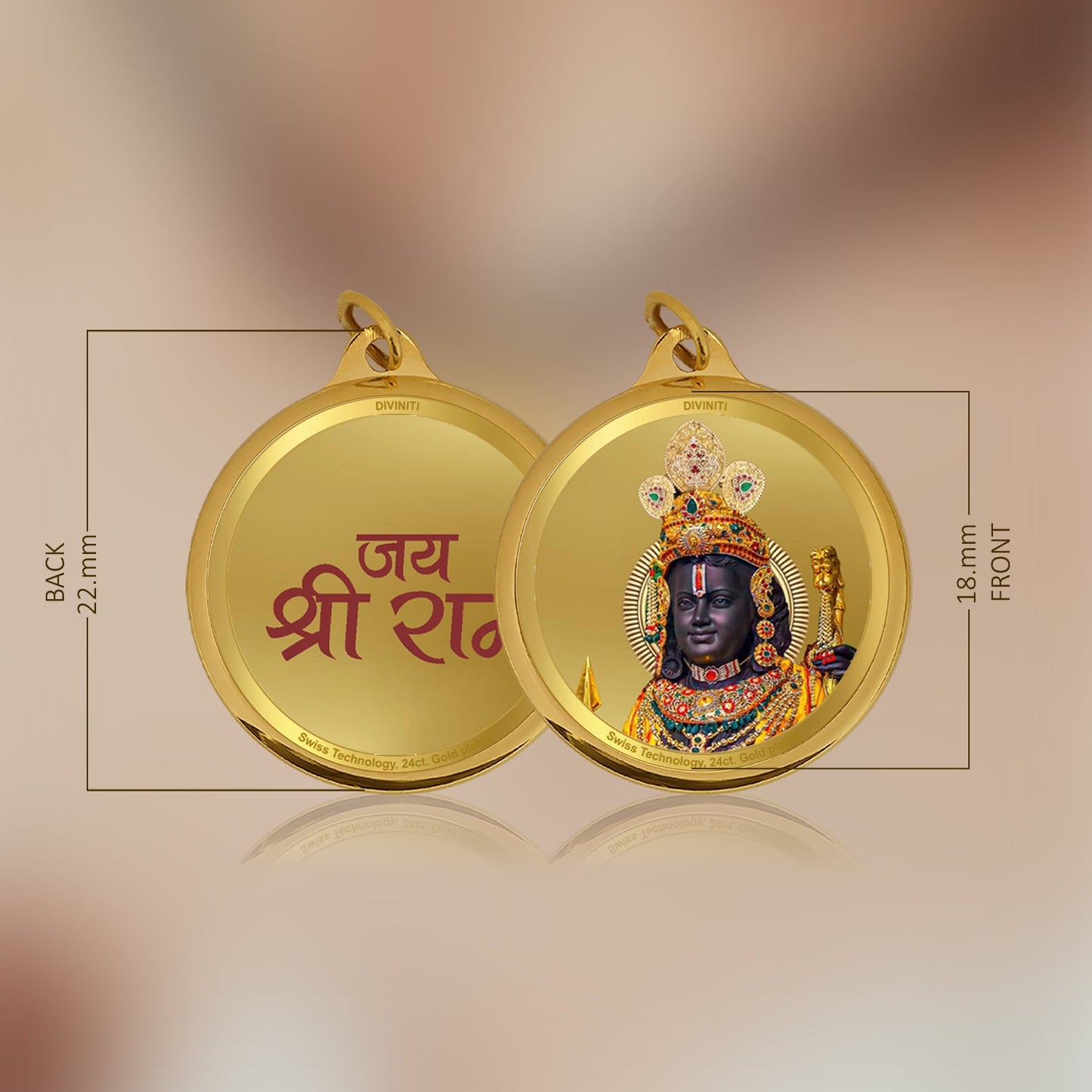 Diviniti 24K Gold Plated Ram Lalla & Jai Shri Ram 18MM Double Sided Pendant For Men, Women & Kids