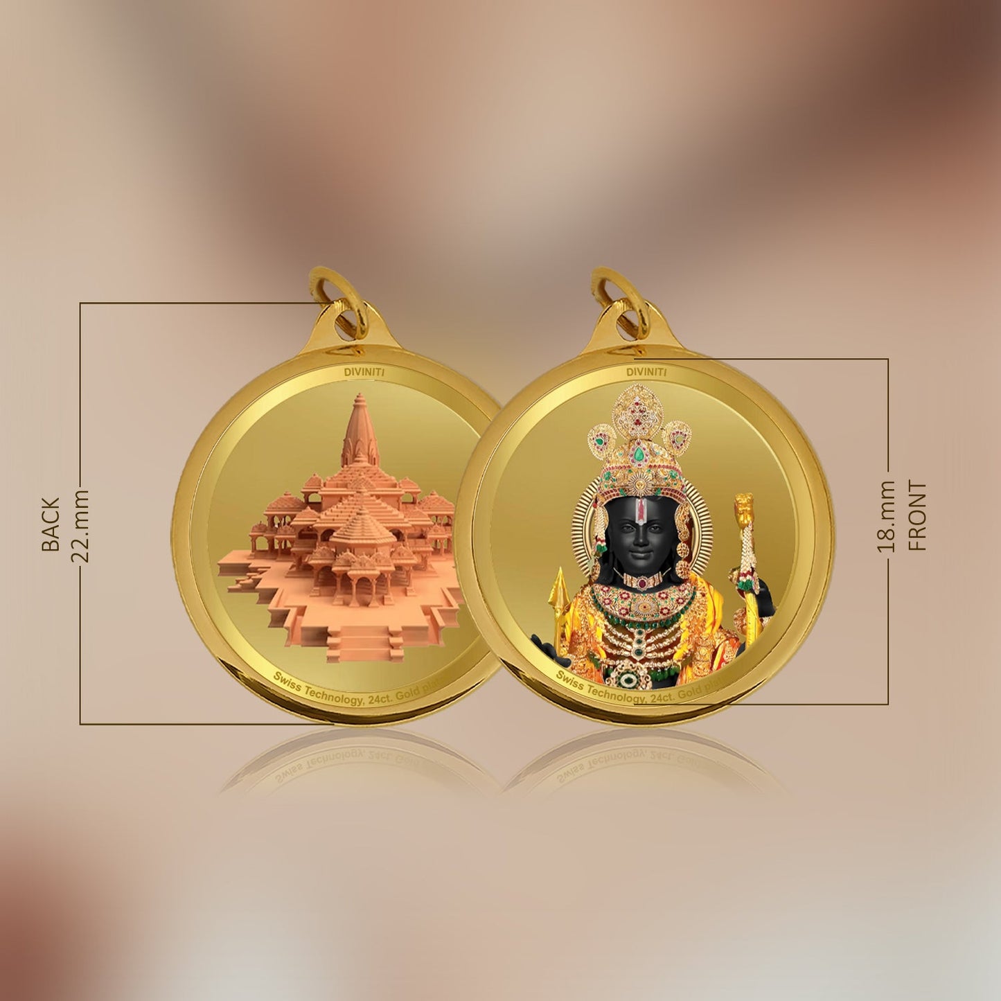 Diviniti 24K Gold Plated Ram Lalla & Ram Mandir 18MM Double Sided Pendant For Men, Women & Kids