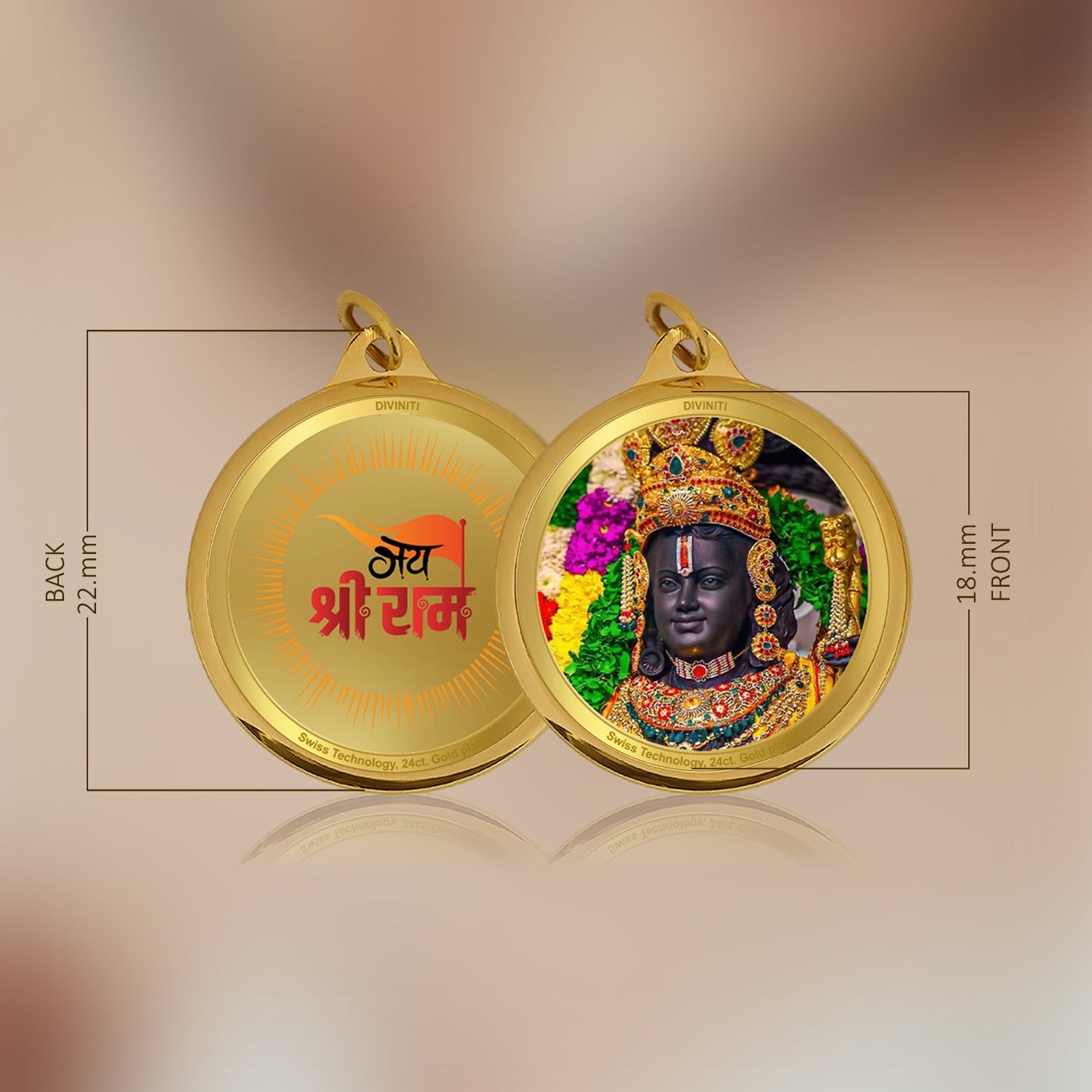 Diviniti 24K Gold Plated Ram Lalla & Jai Shri Ram 18MM Double Sided Pendant For Men, Women & Kids