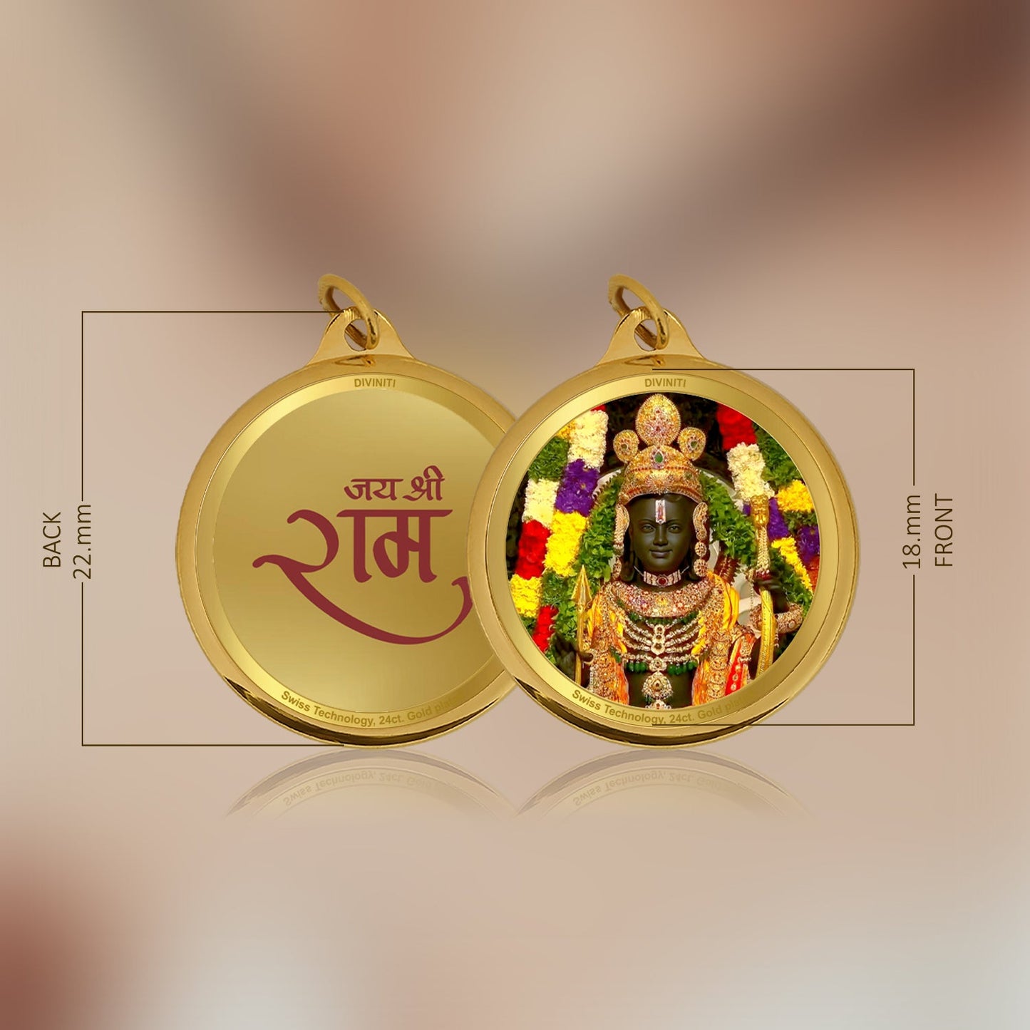 Diviniti 24K Gold Plated Ram Lalla & Jai Shri Ram 18MM Double Sided Pendant For Men, Women & Kids