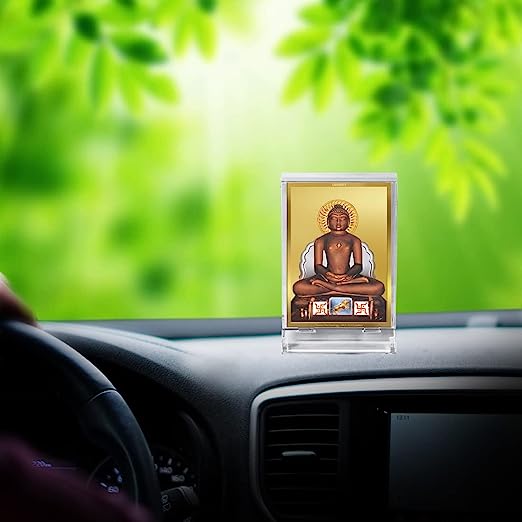 Diviniti 24K Gold Plated Mahavir Frame For Car Dashboard, Home Decor, Table Top, Festival Gift (11 x 6.8 CM)