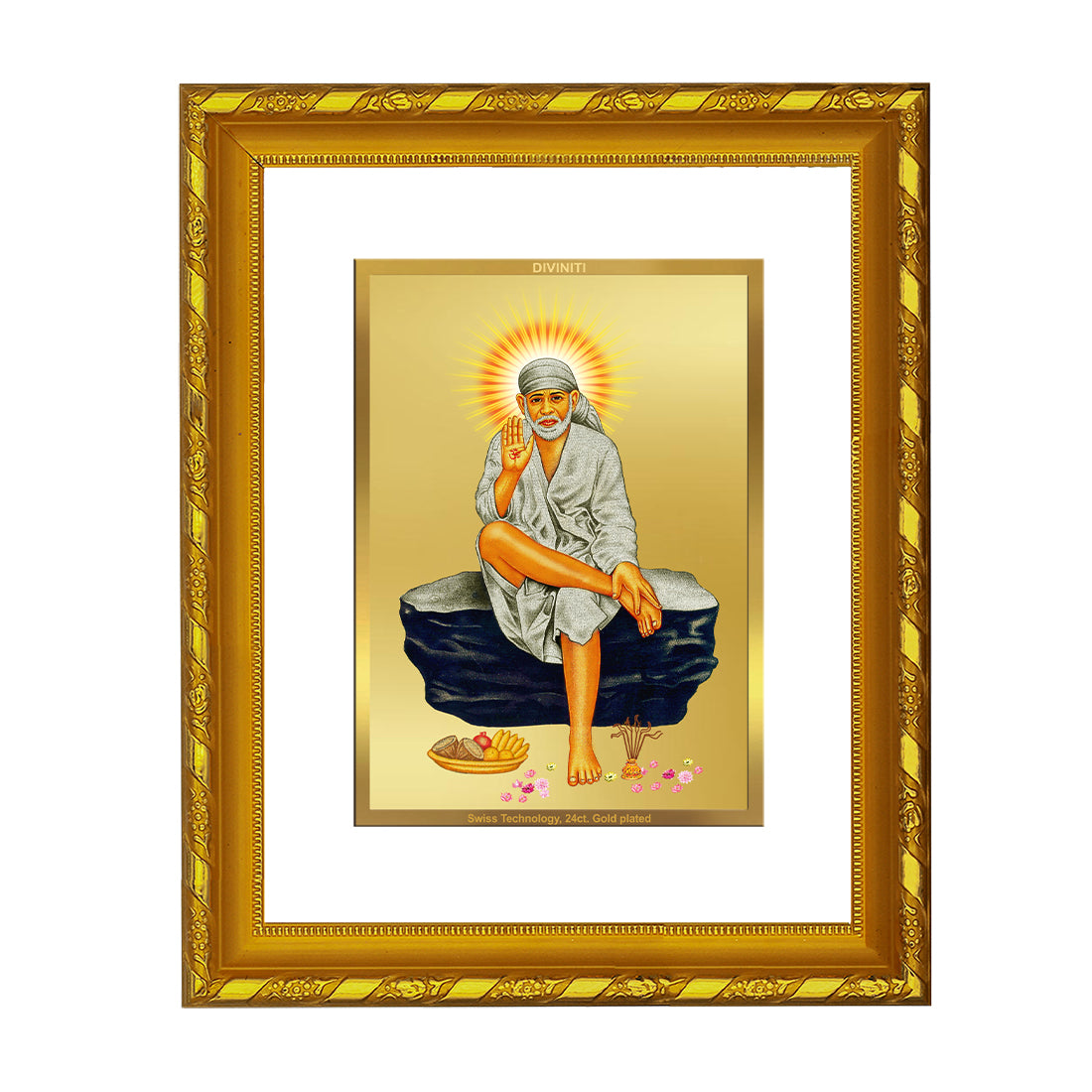 DIVINITI 24K Gold Plated Sai Baba Photo Frame For Home Wall Decor, Tabletop, Gift (21.5 X 17.5 CM)