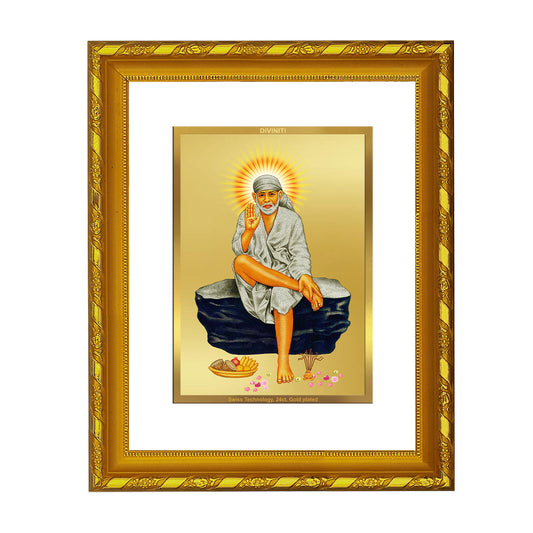 DIVINITI 24K Gold Plated Sai Baba Photo Frame For Home Wall Decor, Tabletop, Gift (21.5 X 17.5 CM)