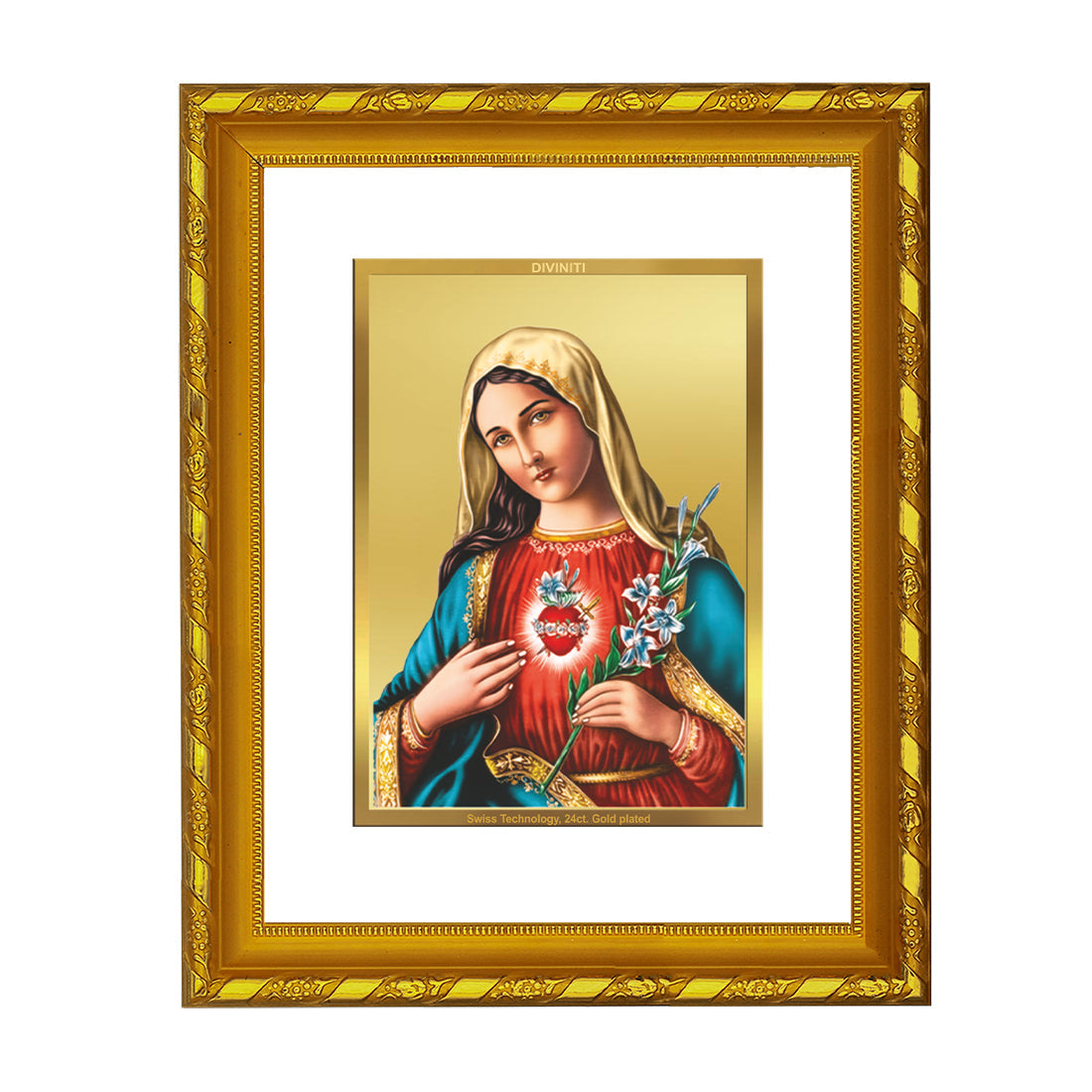 DIVINITI 24K Gold Plated Mother Mary Photo Frame For Home Wall Decor, Prayer, Gift (21.5 X 17.5 CM)