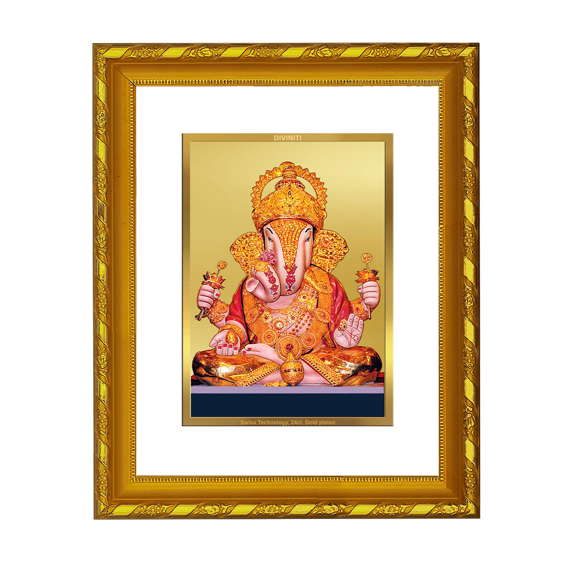 DIVINITI 24K Gold Plated Dagdu Ganesh Photo Frame For Home Wall Decor, Tabletop (21.5 X 17.5 CM)