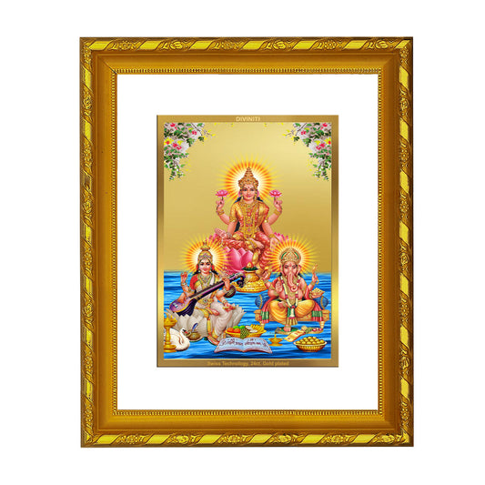 DIVINITI 24K Gold Plated Lakshmi Ganesha Saraswati Wall Photo Frame For Home Decor, Gift (21.5 X 17.5 CM)