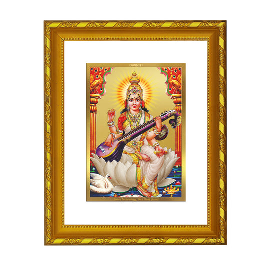 DIVINITI 24K Gold Plated Saraswati Mata Photo Frame For Home Wall Decor, Tabletop (21.5 X 17.5 CM)