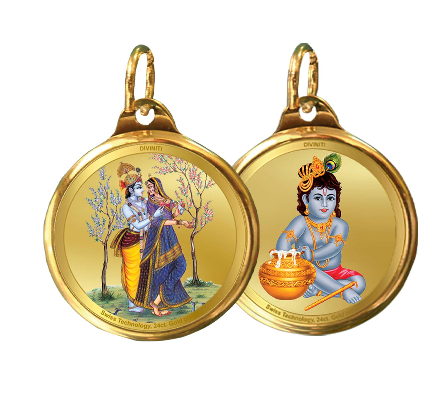 Diviniti 24K Double sided Gold Plated Pendant  RADHA KRISHNA & BALGOPAL|28 MM Flip Coin (1 PCS)