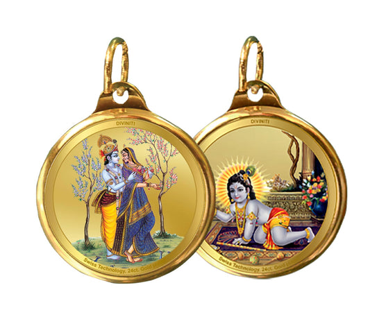 Diviniti 24K Double sided Gold Plated Pendant  RADHA KRISHNA & LADDU GOPAL|22 MM Flip Coin (1 PCS)