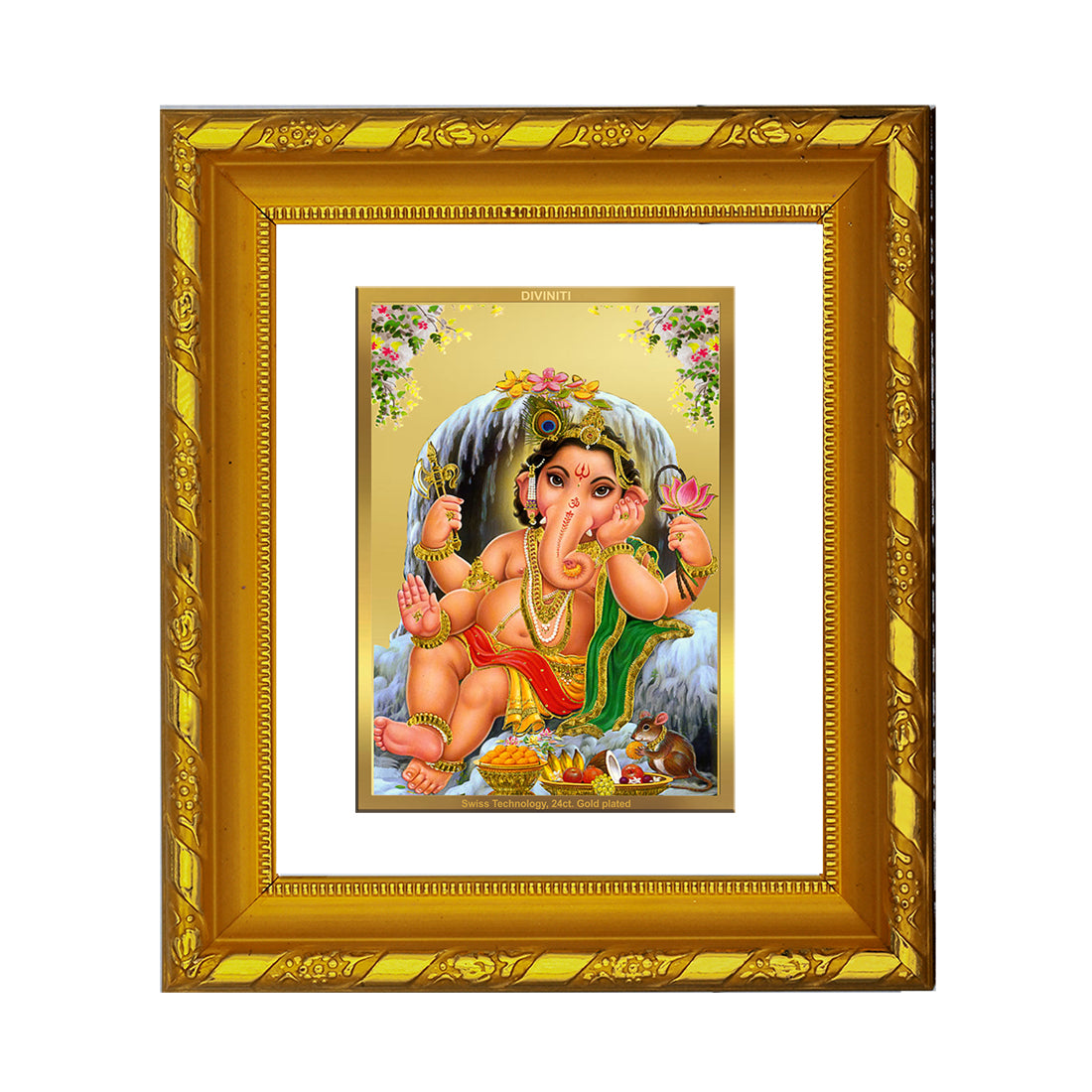 DIVINITI 24K Gold Plated Bal Ganesha Photo Frame For Home Wall Decor, Festival Gift (15.0 X 13.0 CM)