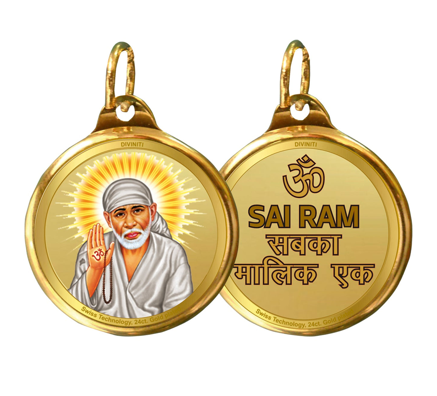 Diviniti 24K Double sided Gold Plated Pendant  SAI BABA & OM|22 MM Flip Coin (1 PCS)