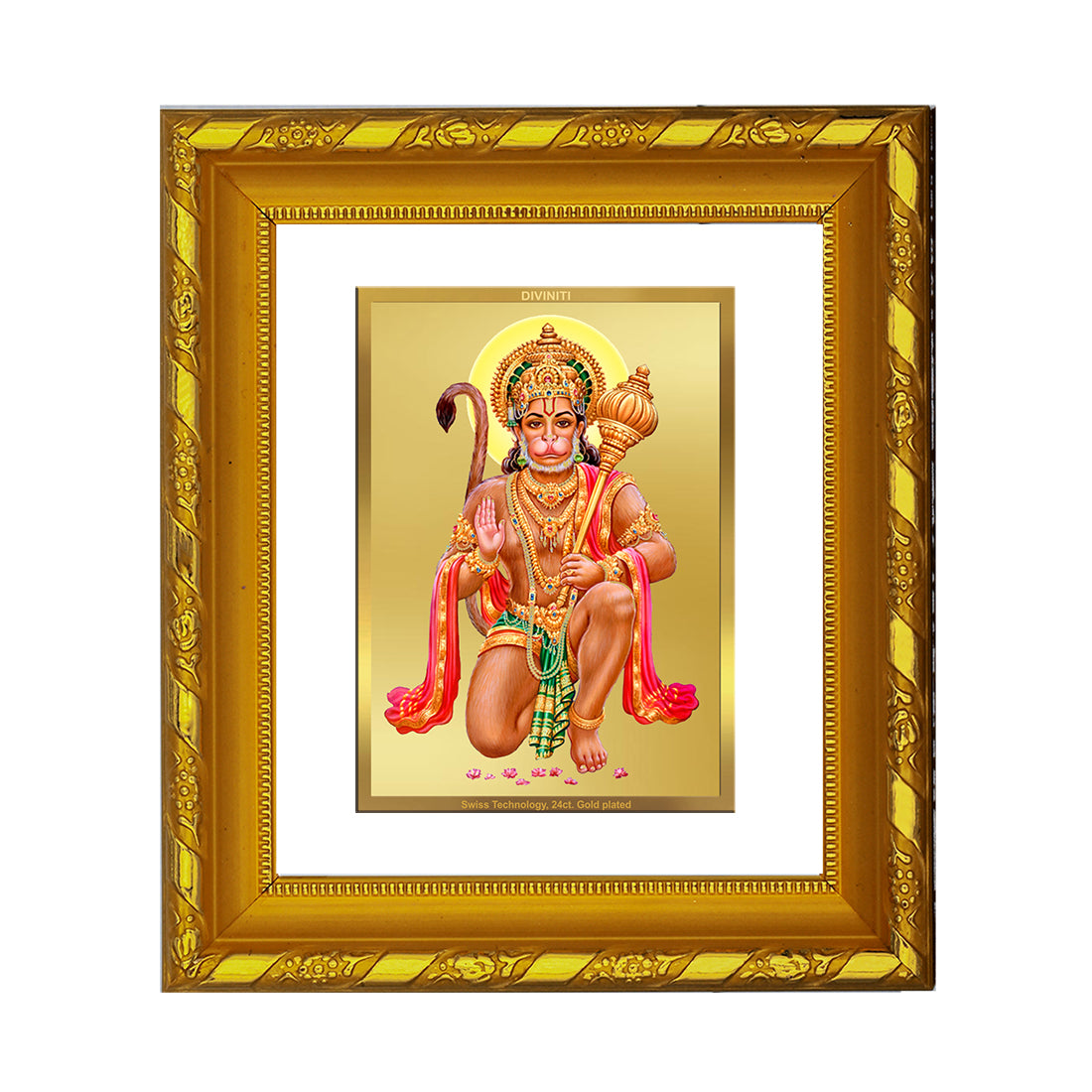 DIVINITI 24K Gold Plated Lord Hanuman Photo Frame For Home Wall Decor, TableTop, Puja (15.0 X 13.0 CM)