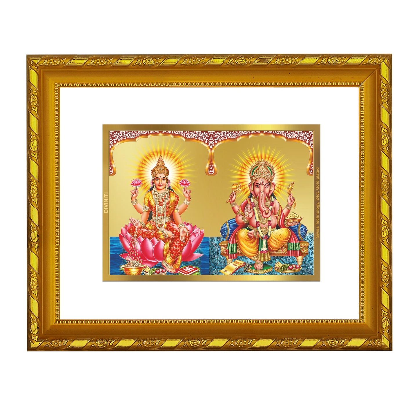 Diviniti Lakshmi & Ganesha Gold Plated Wall Photo Frame, Table Décor| DG Frame 103 Size 2 and 24K Gold Plated Foil| Religious Photo Frame Idol For Pooja, Gifts Items (21.5 CM X 17.5 CM)