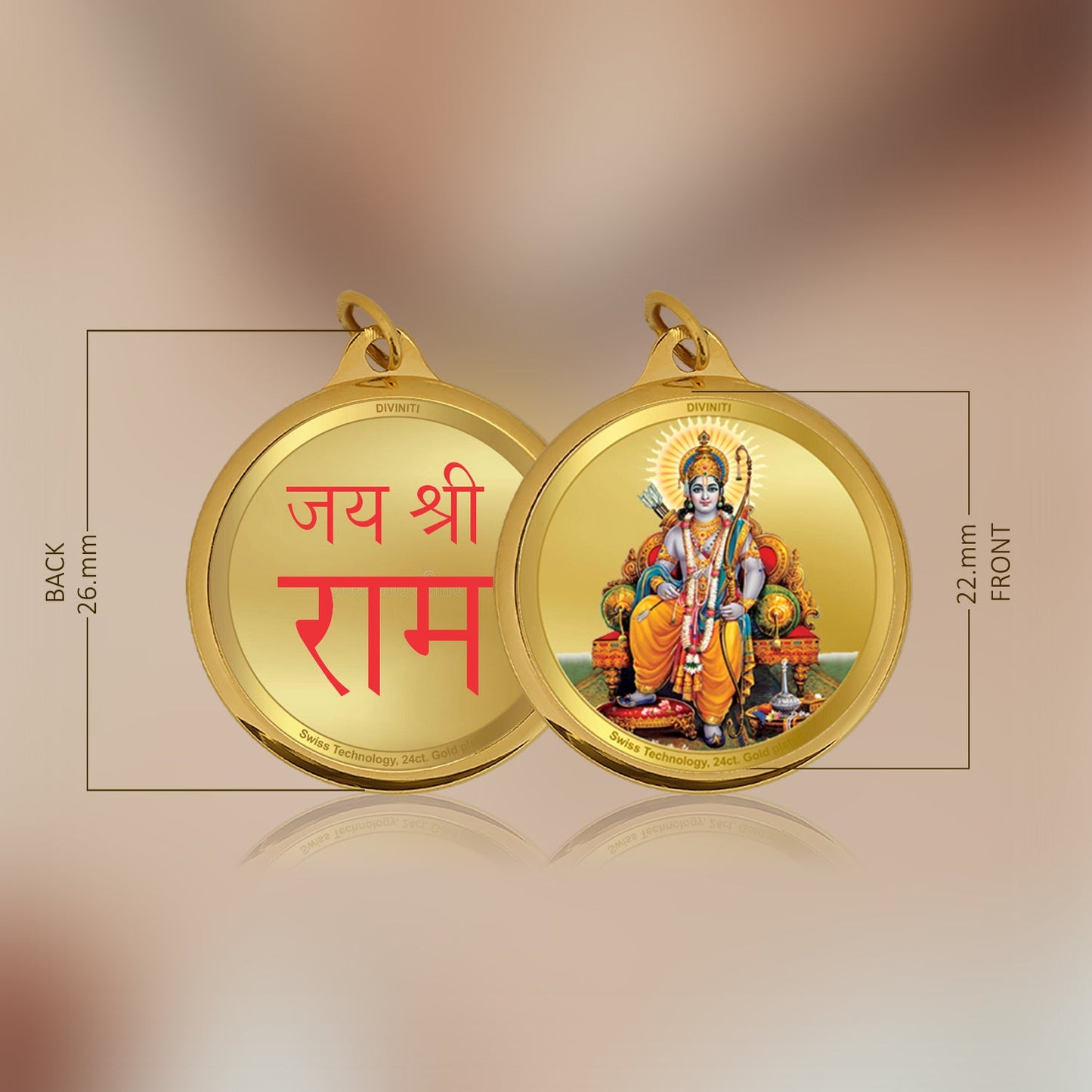 Diviniti 24K Gold Plated Ram Ji & Jai Shri Ram 22MM Double Sided Pendant For Men, Women & Kids