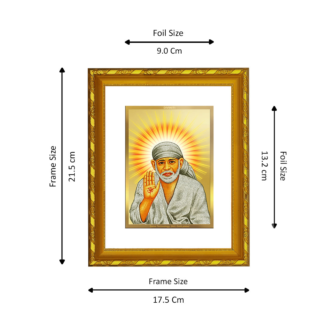 DIVINITI 24K Gold Plated Sai Baba Wall Photo Frame For Home Decor, Prayer, Luxury Gift (21.5 X 17.5 CM)