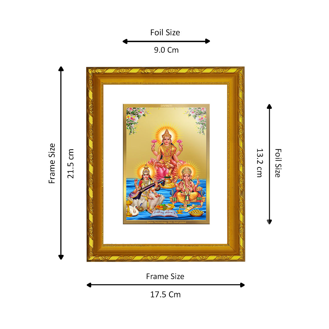 DIVINITI 24K Gold Plated Lakshmi Ganesha Saraswati Wall Photo Frame For Home Decor, Gift (21.5 X 17.5 CM)