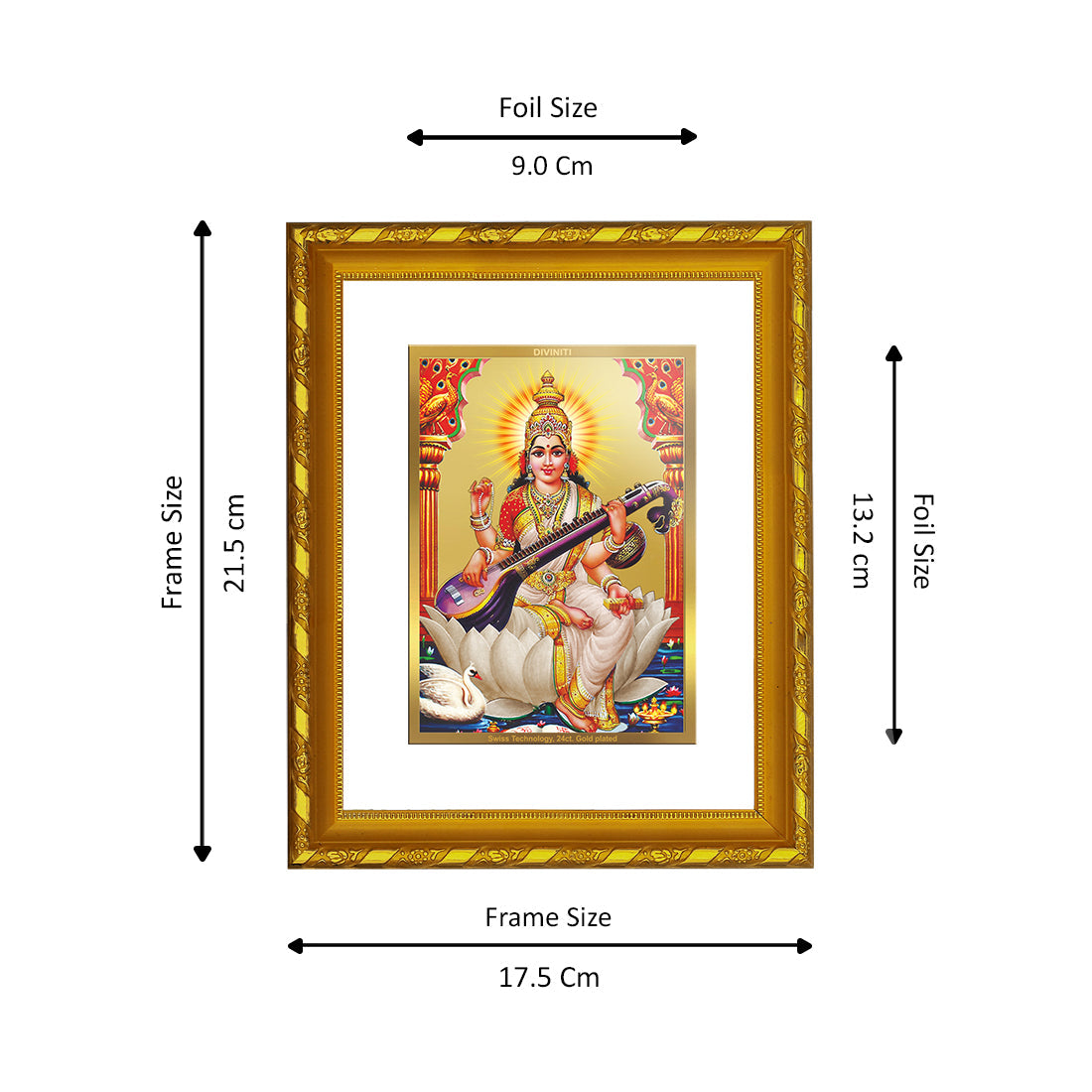 DIVINITI 24K Gold Plated Saraswati Mata Photo Frame For Home Wall Decor, Tabletop (21.5 X 17.5 CM)