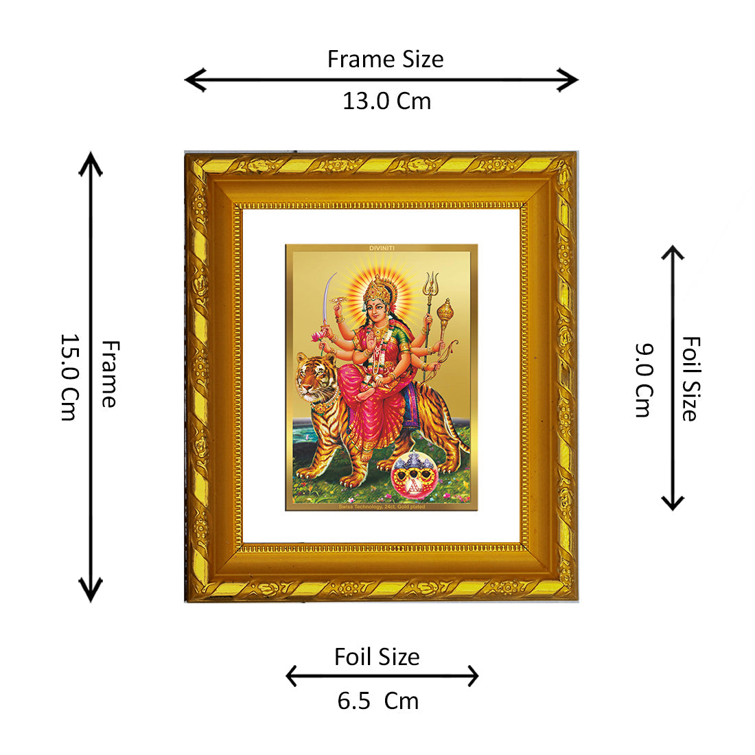 DIVINITI 24K Gold Plated Durga Ji Photo Frame For Living Room, Festival Gift, Puja (15.0 X 13.0 CM)