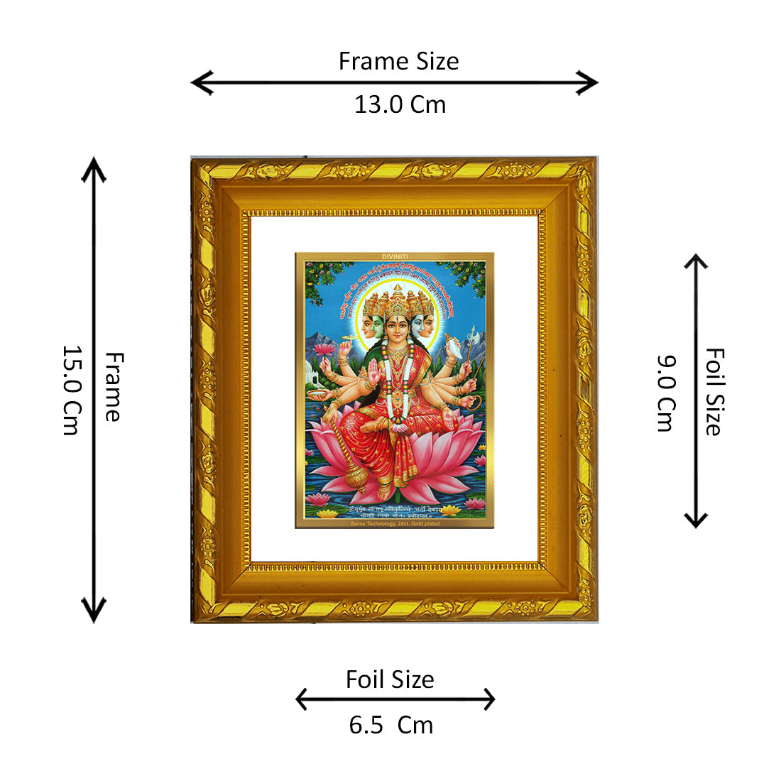 DIVINITI 24K Gold Plated Goddess Gayatri Photo Frame For Home Decor, Festival Gift (15.0 X 13.0 CM)