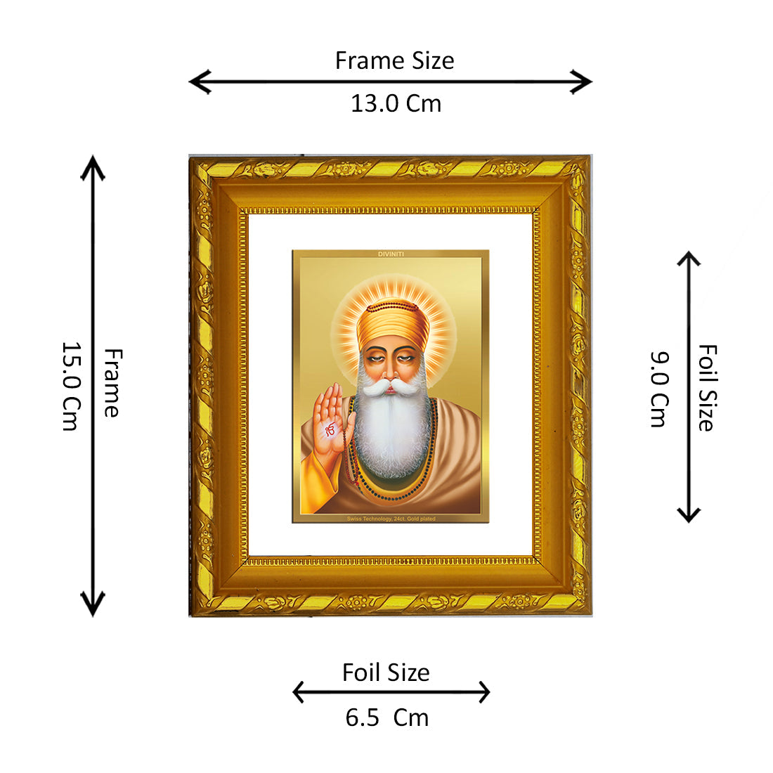 DIVINITI 24K Gold Plated Guru Nanak Photo Frame For Living Room Decor, TableTop, Prayer (15.0 X 13.0 CM)