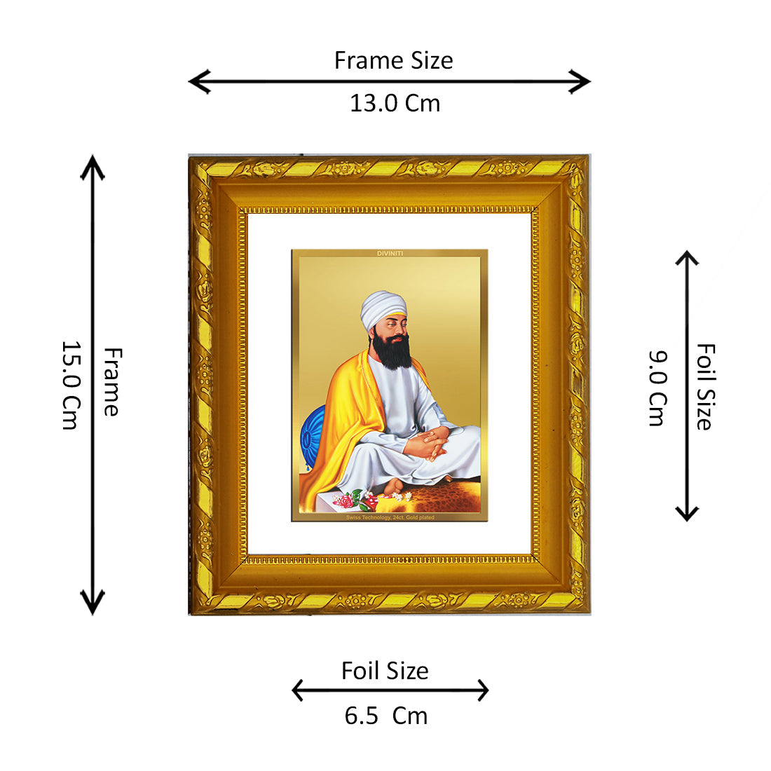 DIVINITI 24K Gold Plated Guru Tegh Bahadur Ji Photo Frame For Home Decor, Festive Gift (15.0 X 13.0 CM)