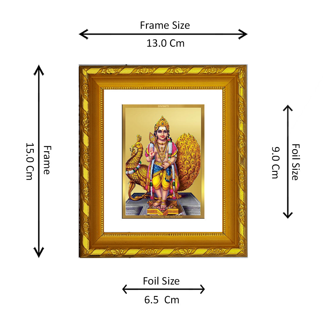 DIVINITI 24K Gold Plated Karthikey Photo Frame For Home Wall Decor, Worship, Gift (15.0 X 13.0 CM)