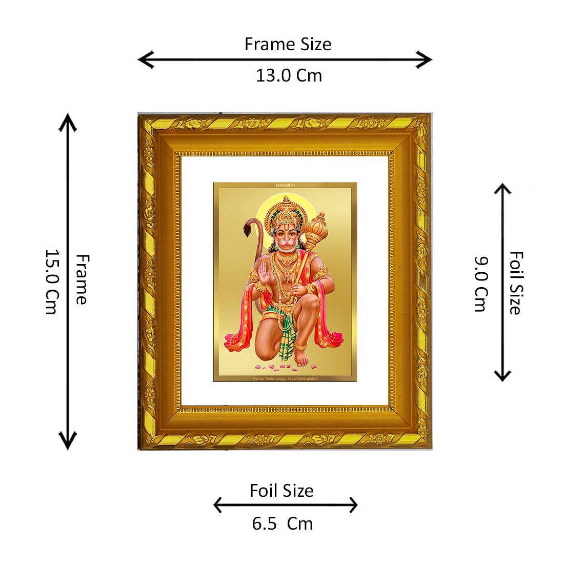 DIVINITI 24K Gold Plated Lord Hanuman Photo Frame For Home Wall Decor, TableTop, Puja (15.0 X 13.0 CM)